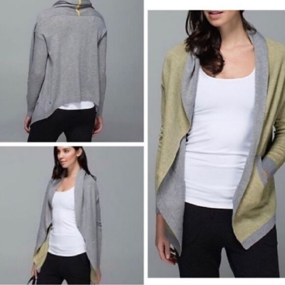 Lululemon Gray and Yellow Open Front Reversible Hooded Cardigan Size 4 - Picture 2 of 12